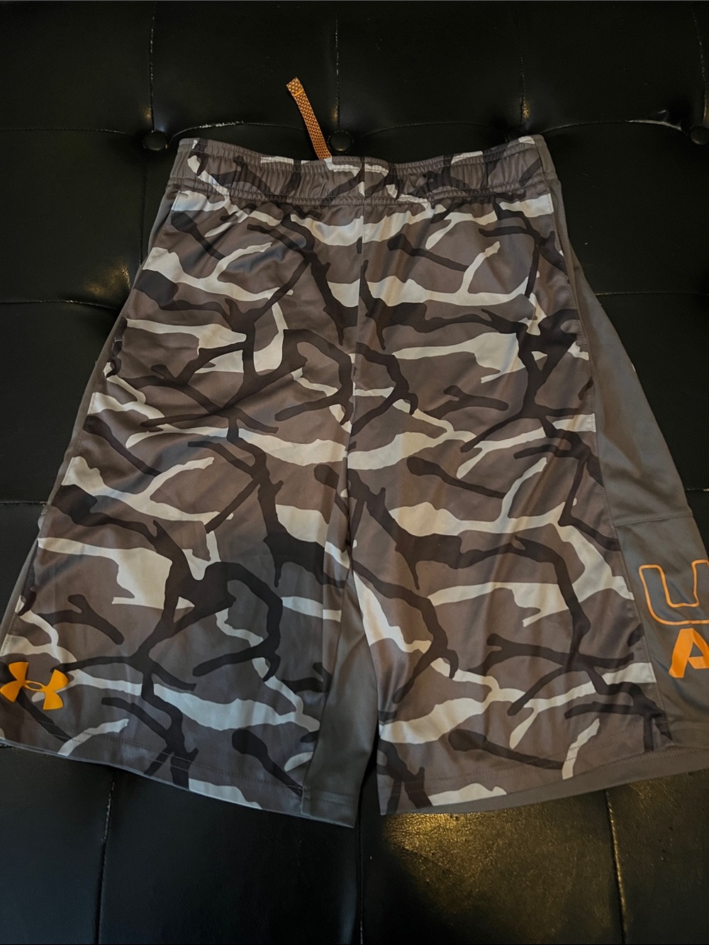 Under Armour Men’s Gray Camo Athletic Shorts with Orange Logo